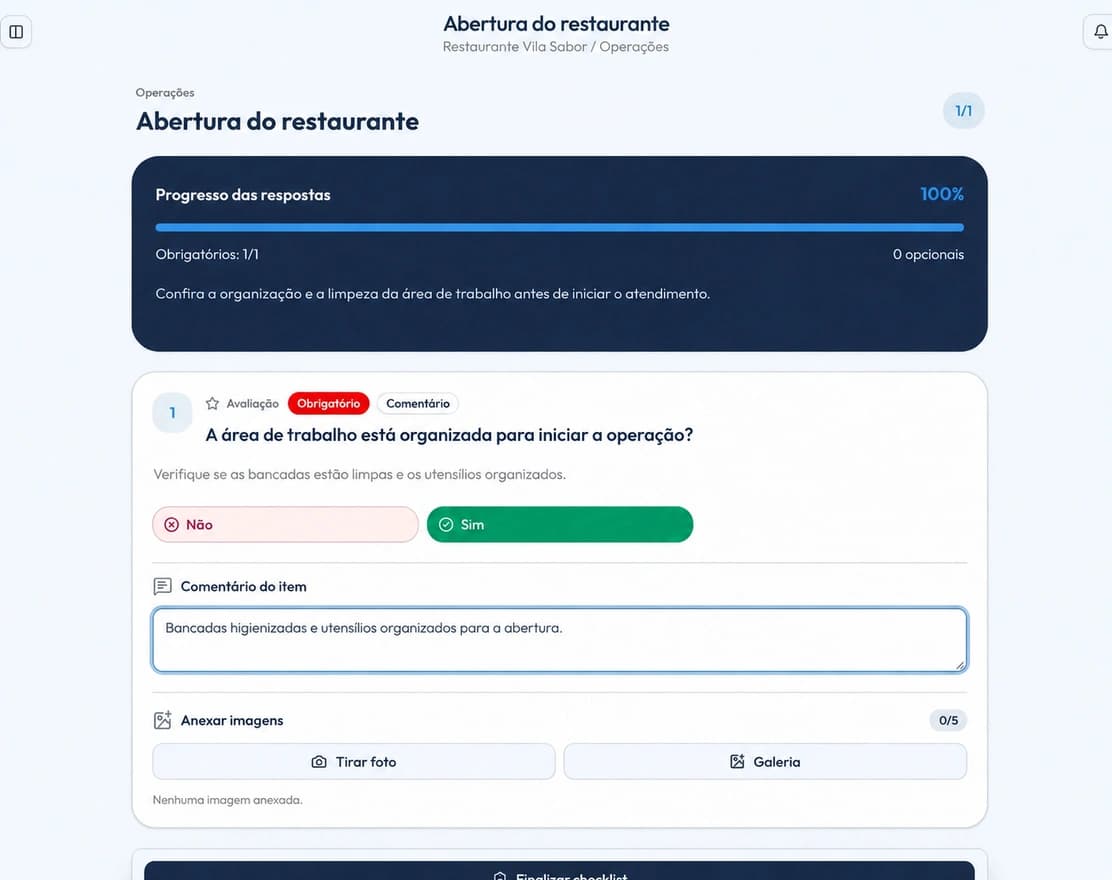 Tela de preenchimento de checklist na CheckSmart
